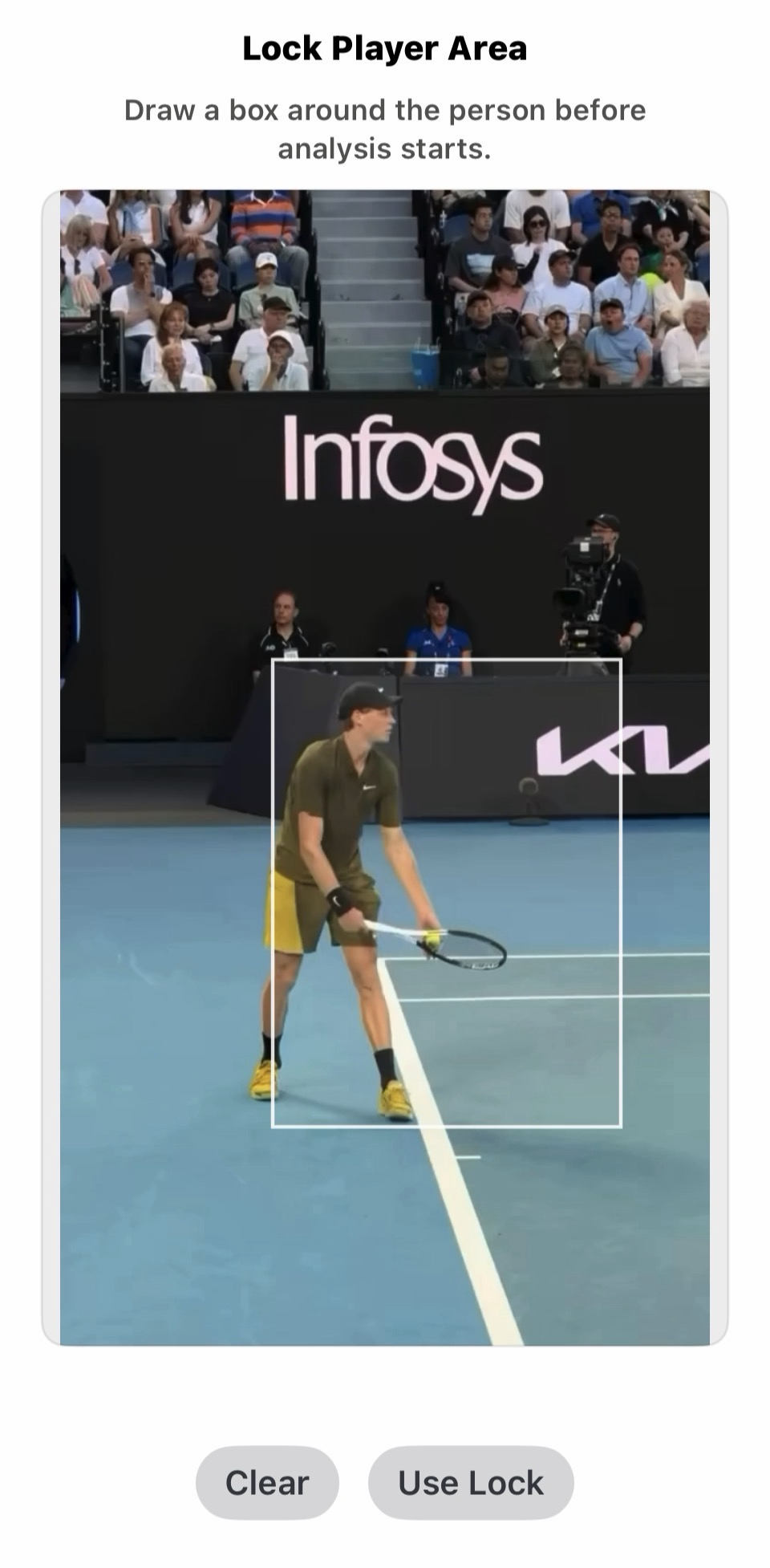 Lock Player Area screen with bounding box on tennis player